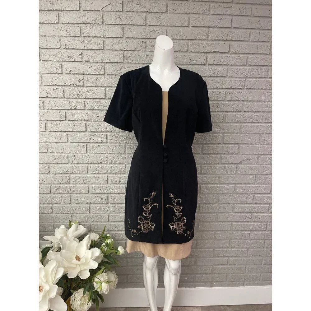 Sheri Martin New York Women Black & Tan 2-in-1 Embroidered Sheath Dress Size 14P